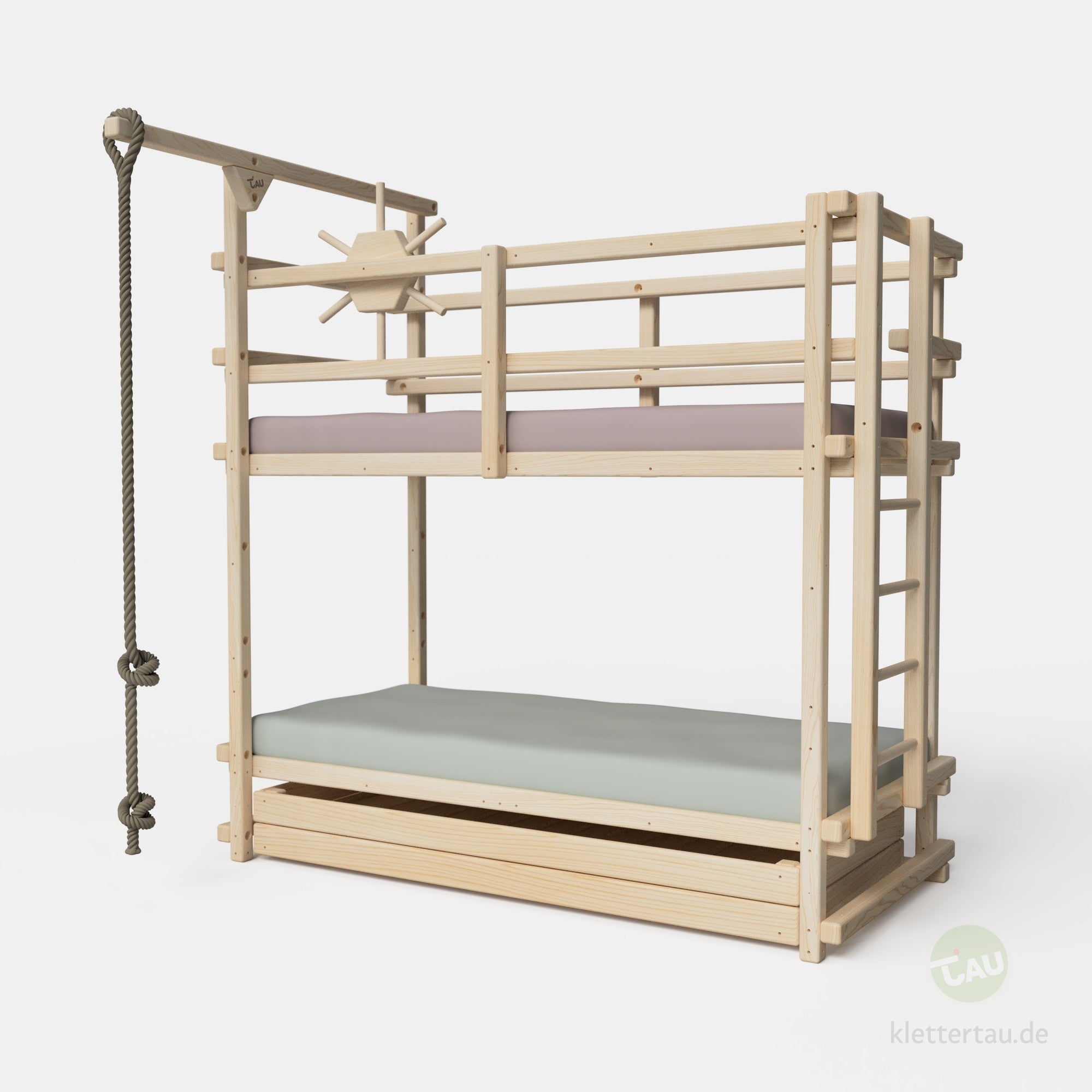 Abenteuer-Etagenbett mit Riesenschublade und Leiter an der Schmalseite von TAU Abenteuerbetten #Schubladen_Riesenschublade