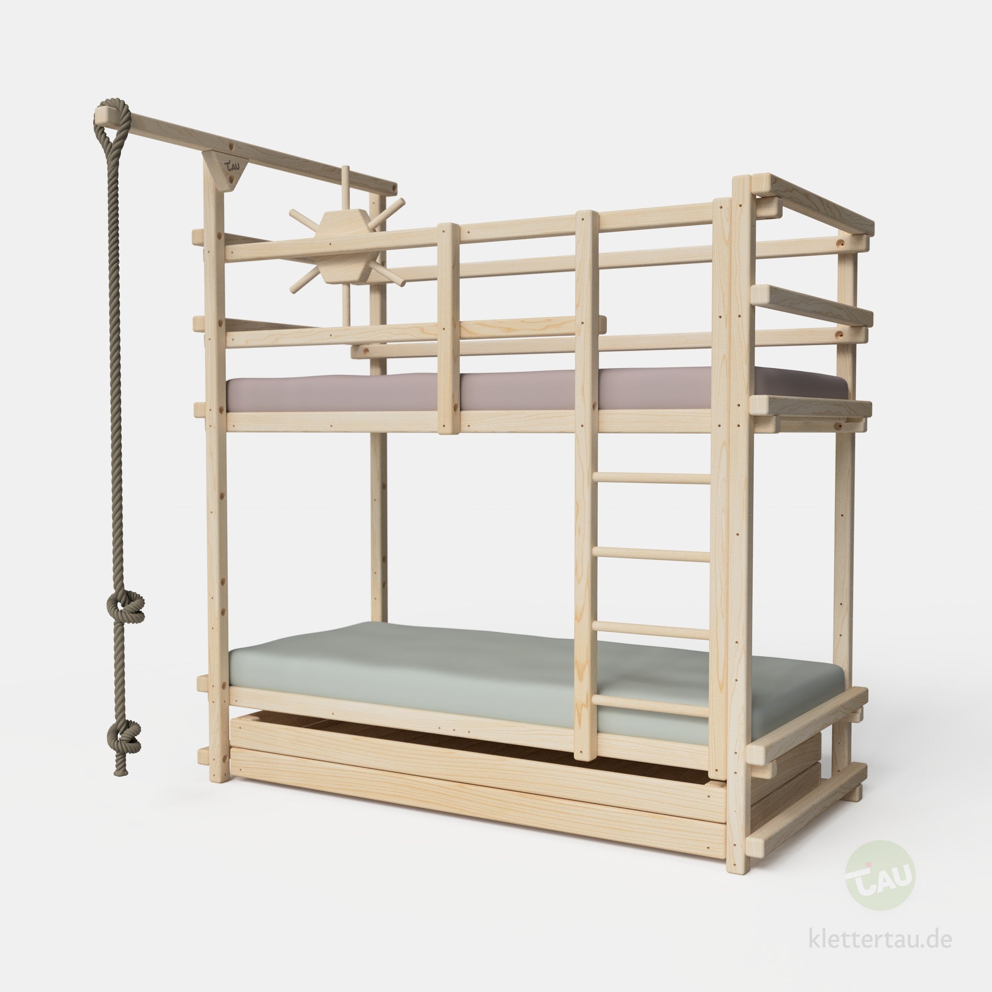 Abenteuer-Etagenbett mit Riesenschublade und Leiter frontal außen von TAU Abenteuerbetten #Schubladen_Riesenschublade