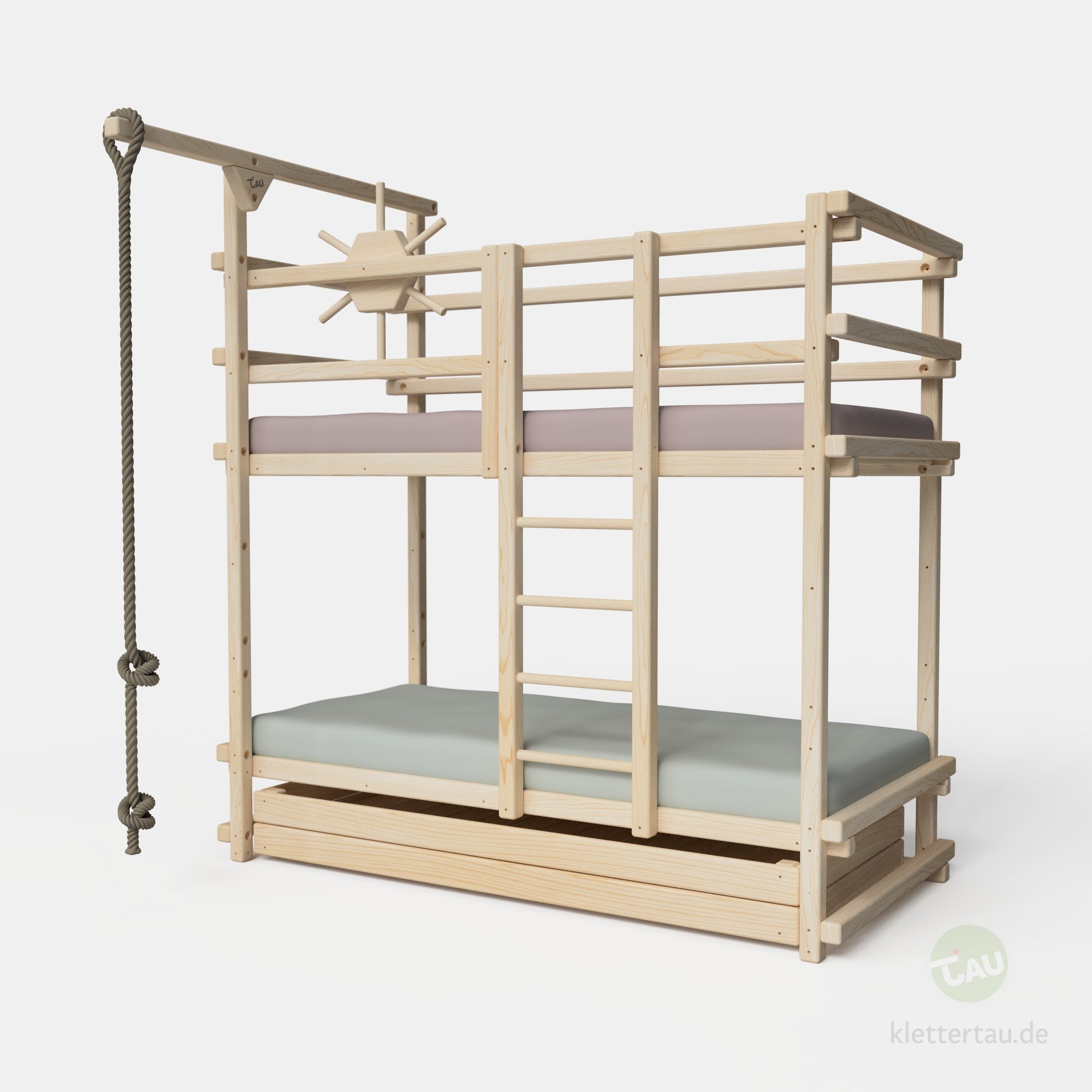 Abenteuer-Etagenbett mit Riesenschublade und Leiter frontal innen von TAU Abenteuerbetten #Schubladen_Riesenschublade