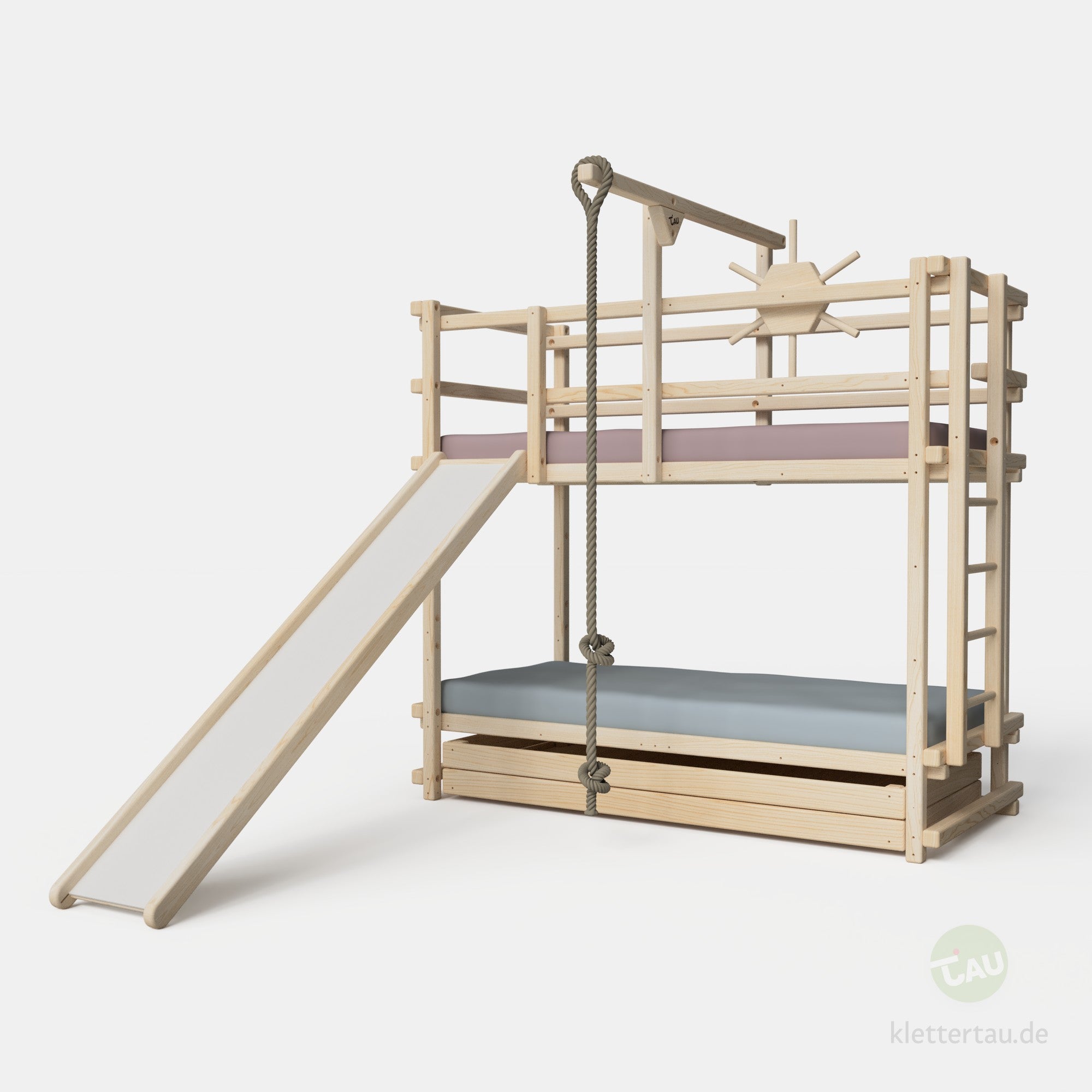 Abenteuer-Etagenbett mit Rutsche mit Leiter an der Schmalseite von TAU Abenteuerbetten #Schubladen_Riesenschublade
