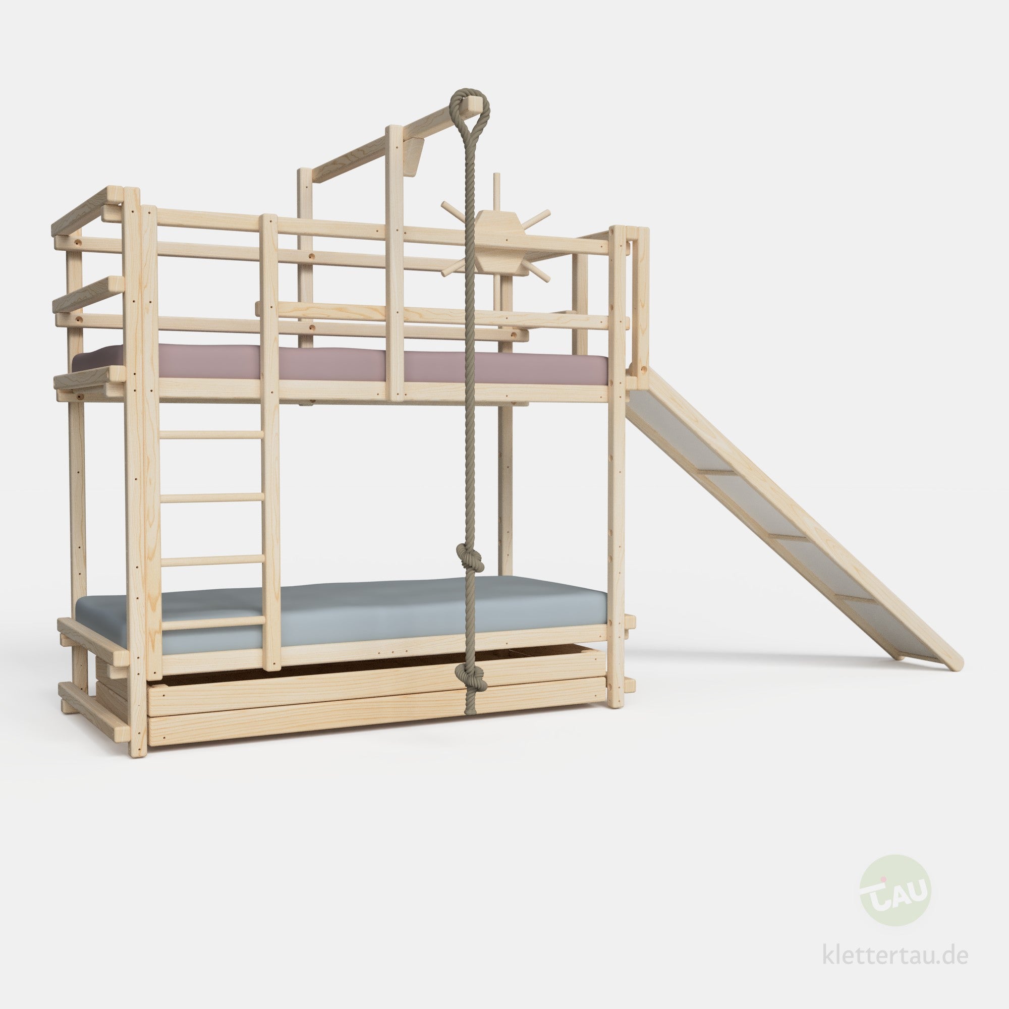 Abenteuer-Etagenbett mit Rutsche an der Schmalseite von TAU Abenteuerbetten #Schubladen_Riesenschublade