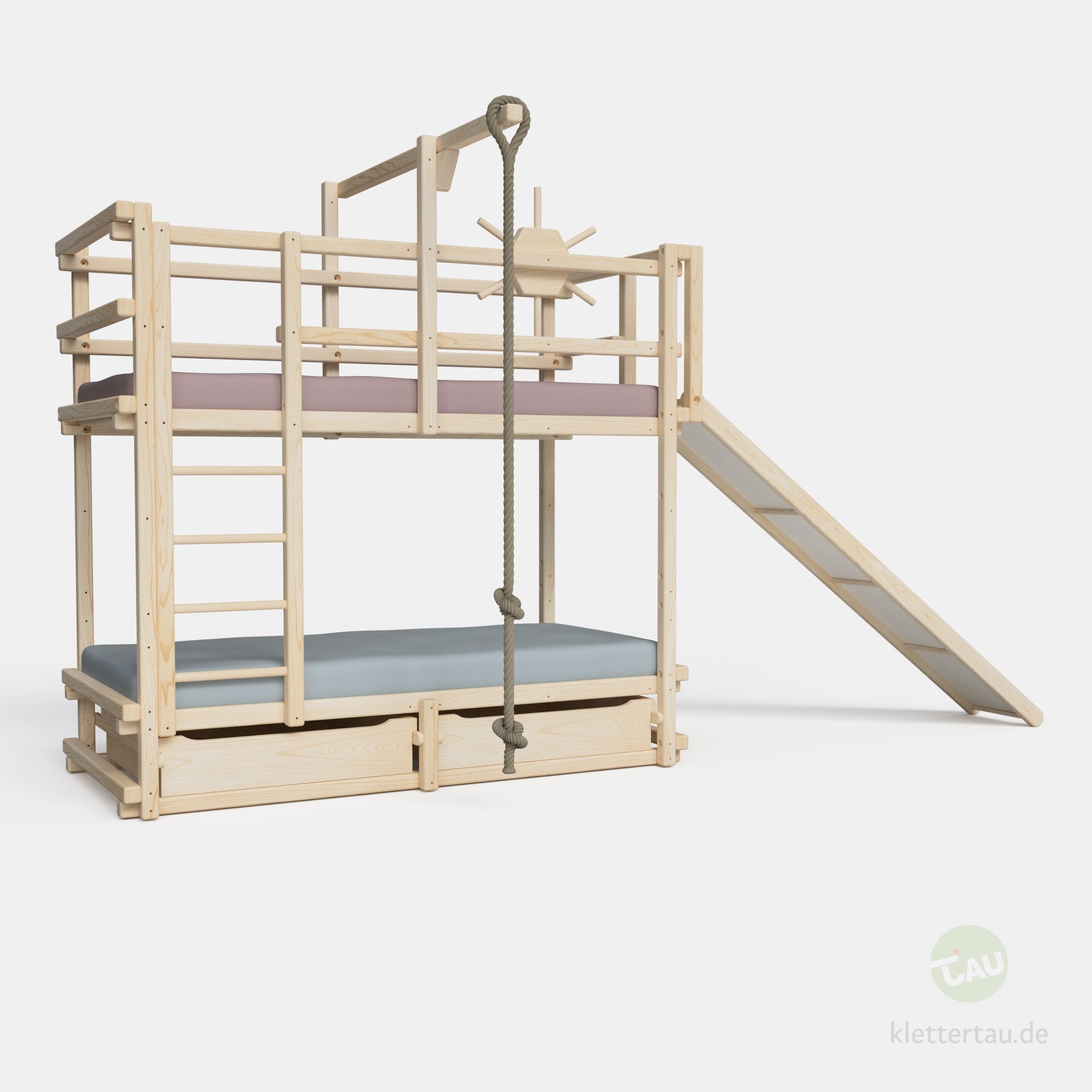 Abenteuer-Etagenbett mit Rutsche an der Schmalseite von TAU Abenteuerbetten #Schubladen_zwei Schubladen