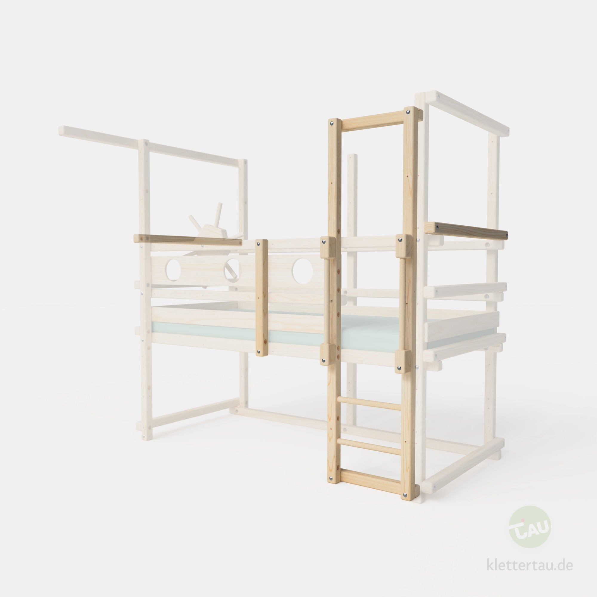 Erweiterungssatz für das Bodenbett von TAU Abenteuerbetten – Hier als Beispiel zum 70cm halbhohen Hochbett umgebaut.