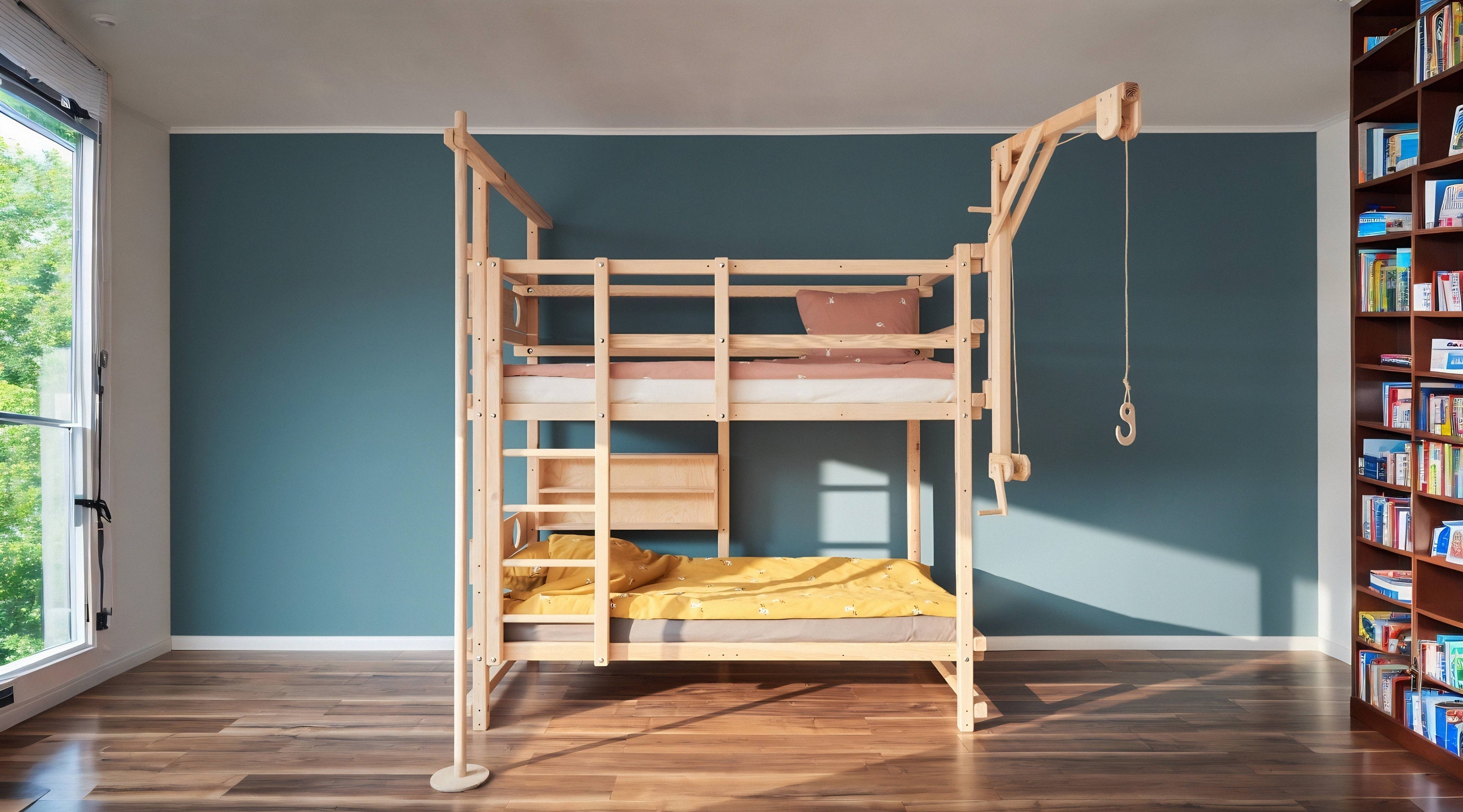 Etagenbett mit Feuerwehrstange, Spielkran und Regal von TAU Abenteuerbetten