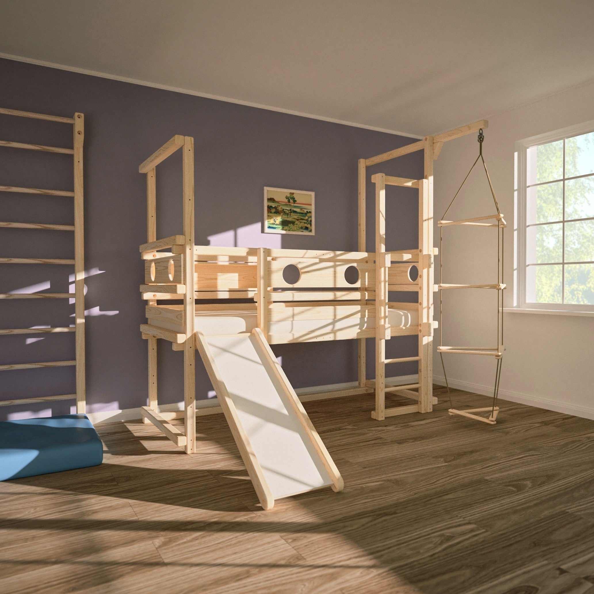 Halbhohes Hochbett für Kleinkinder mit Rutsche für Kinder zum Klettern, Spielen, Entdecken und Schlafen –  von TAU Abenteuerbetten