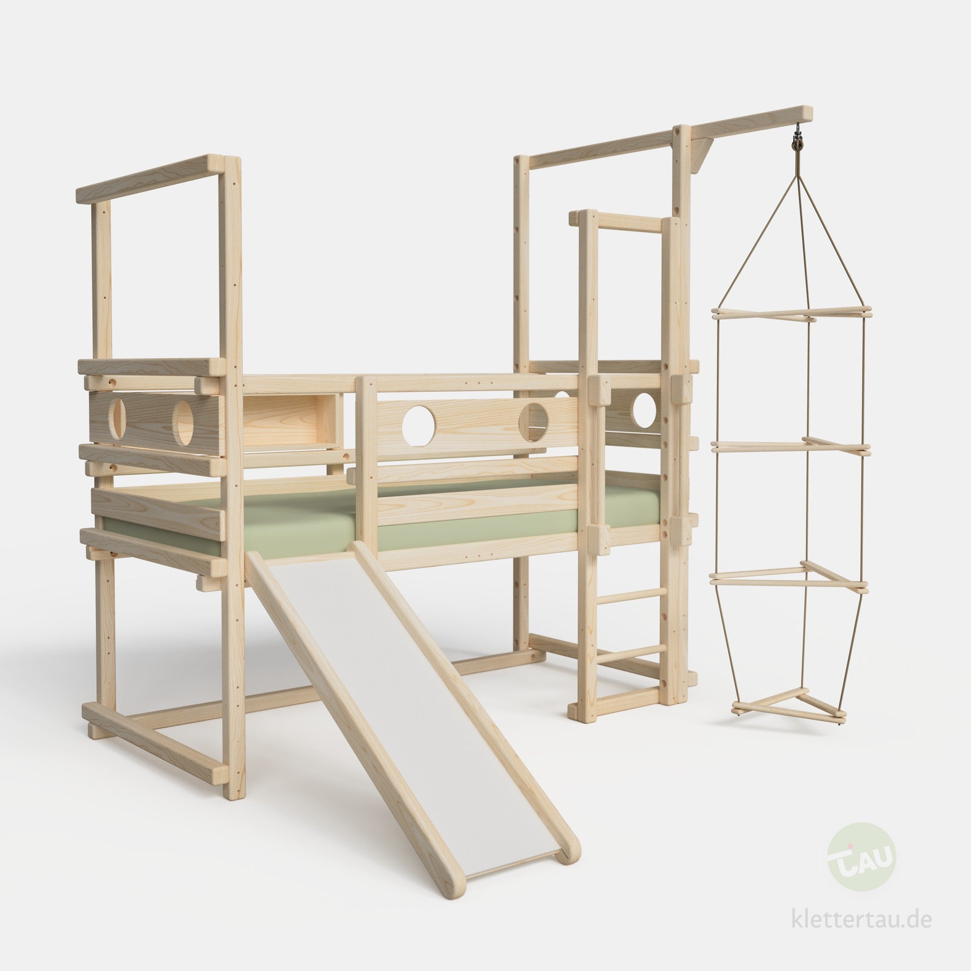 Kleinkindbett Plus mit Dreiecksleiter, Rutsche, Regal, Bullaugenbrettern, Schutzbrettern und mitwachsender Leiter - Ansicht 2