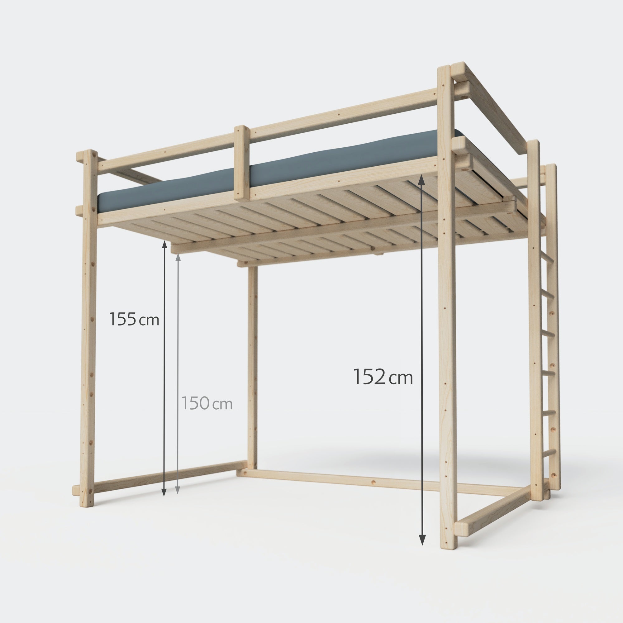 Lichte Höhe unter einem Hochbett von TAU Abenteuerbetten – Dieses Bett hat eine Liegehöhe von 160cm und eine Matratzenbreite von 140cm.