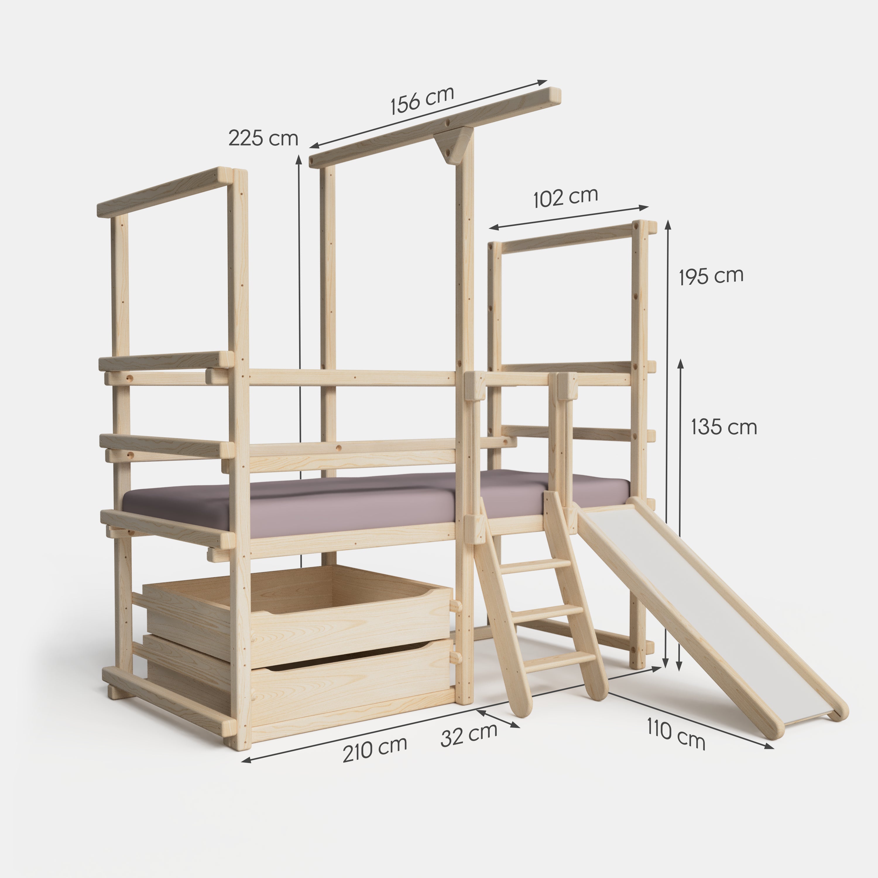 Maße des Kleinkindbetts mit Schubladen, Rutsche, Seilbalken und Stufenleiter von TAU Abenteuerbetten