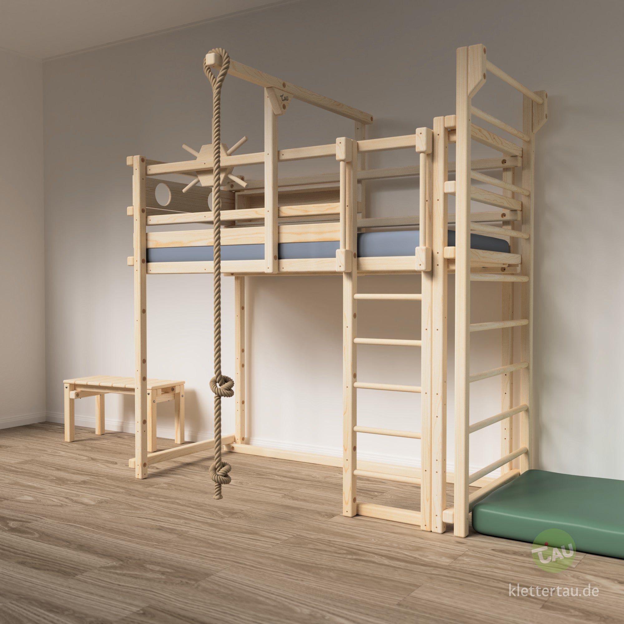 Piratenbett mit Sprossenwand und Einbauregal für oben von TAU Abenteuerbetten