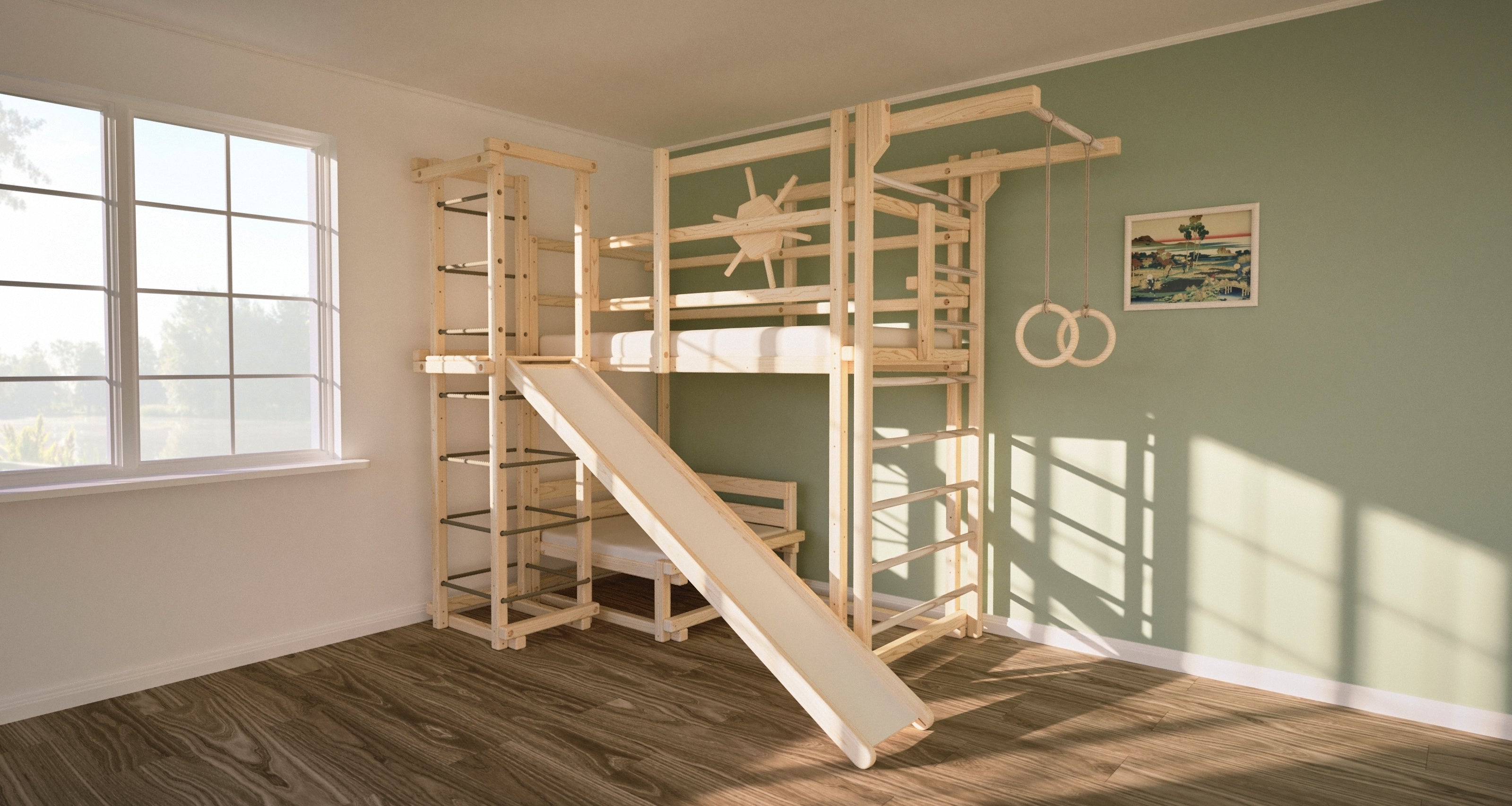 Piratenbett von TAU Abenteuerbetten. Hier mit unserem Klettertauturm und Rutsche, dazu die Sprossenwand, die Reckstange und unten eine Kuschelecke.