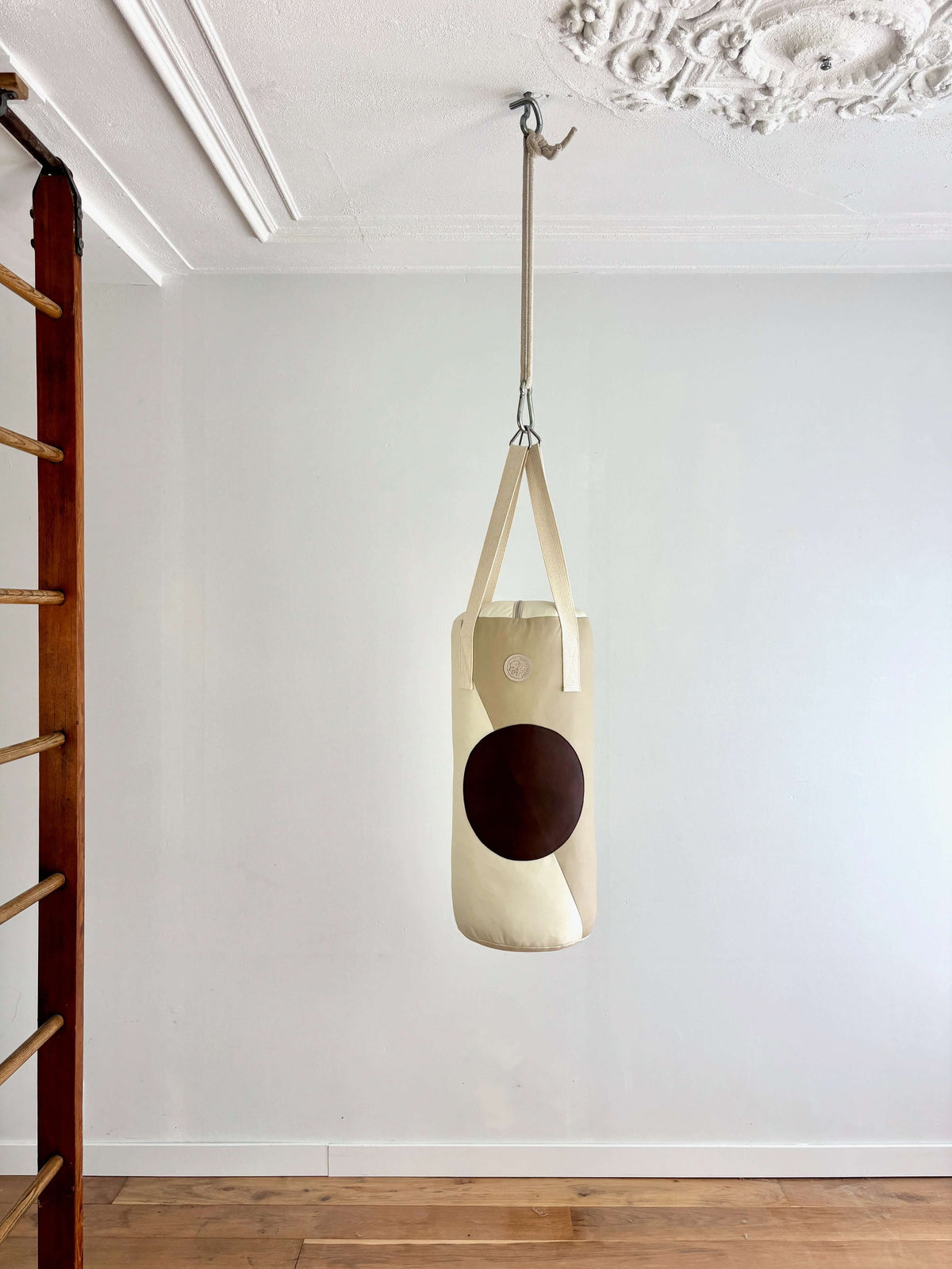 Kinder-Boxsack aus Leder in Taupe-Off-White mit Punkt, Größe S