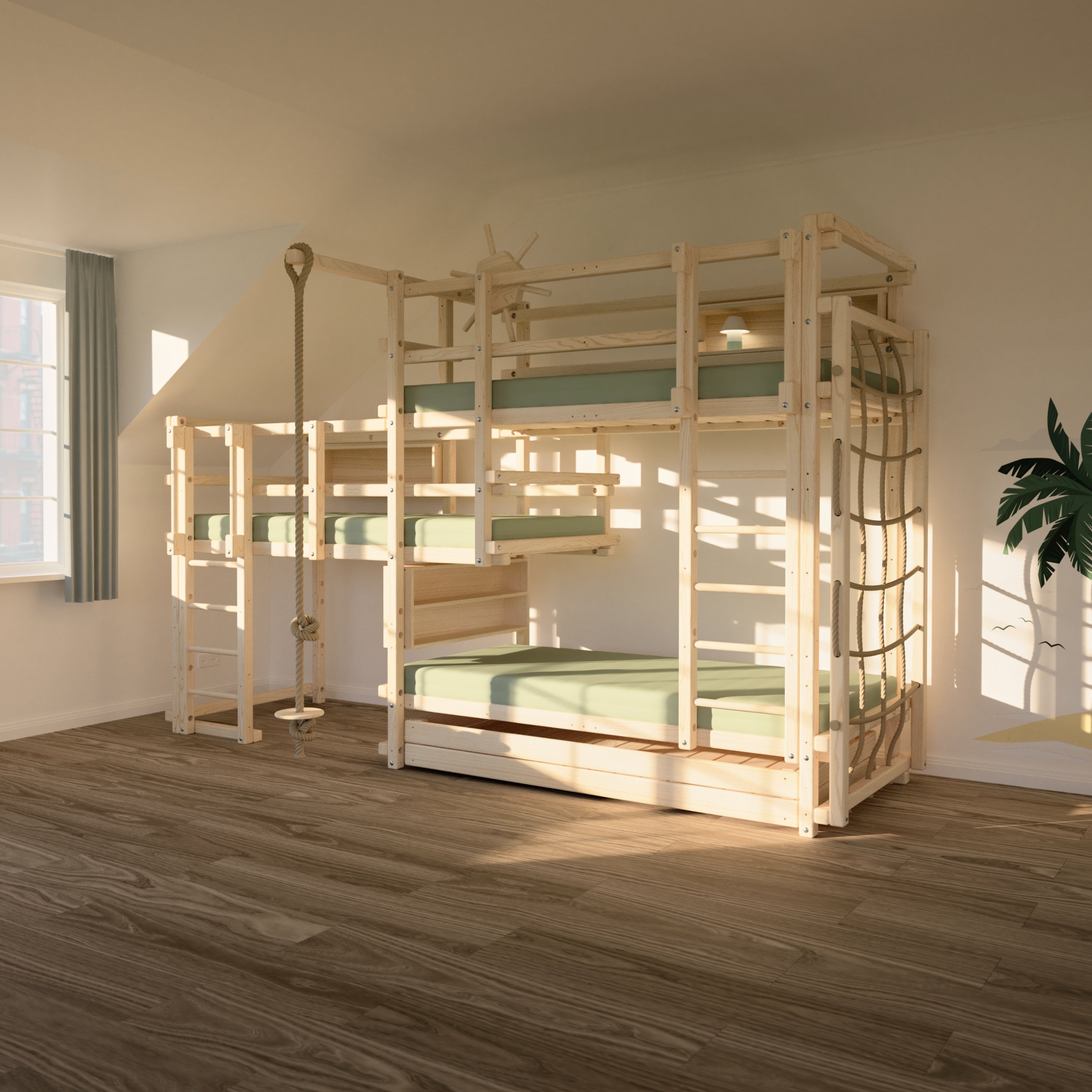 Etagenbett für drei mit Regalen, Kletterseil, Steuerrad und Kletternetz für Kinder zum Klettern, Spielen, Entdecken und Schlafen –  von TAU Abenteuerbetten