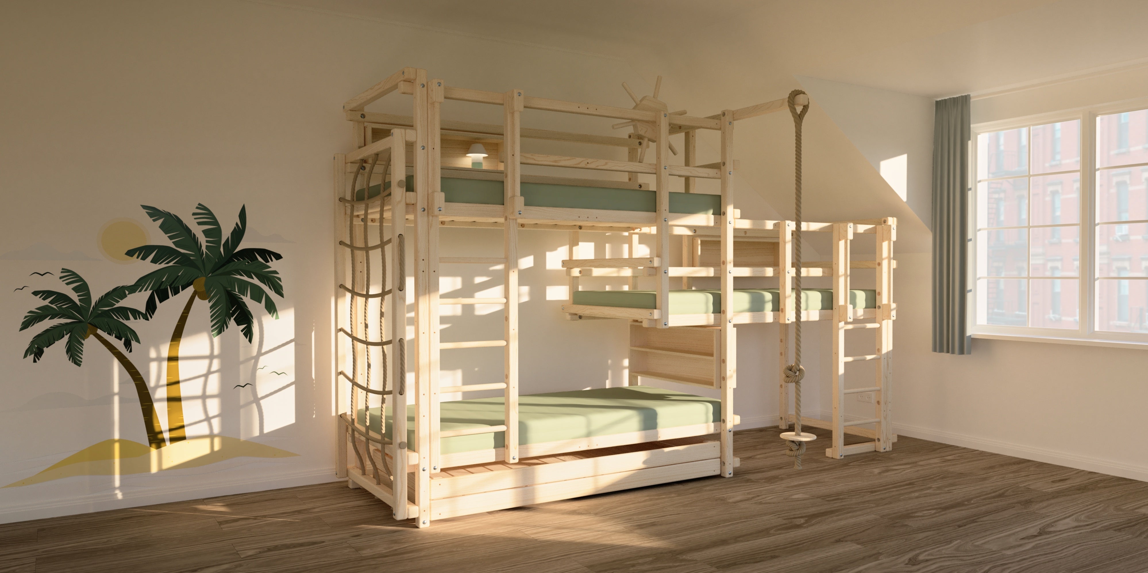 Etagenbett für drei mit Regalen, Kletterseil, Steuerrad und Kletternetz für Kinder zum Klettern, Spielen, Entdecken und Schlafen – von TAU Abenteuerbetten