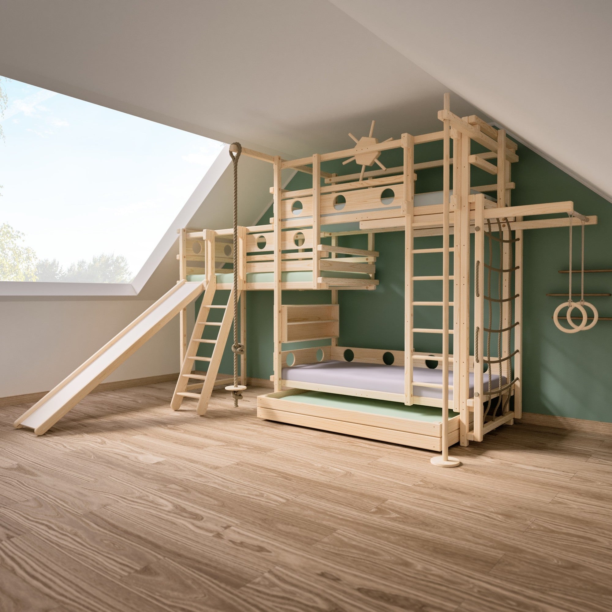 Hochbett XL für drei Kinder mit vielem aufregenden Kletterzubehör – von TAU Abenteuerbetten