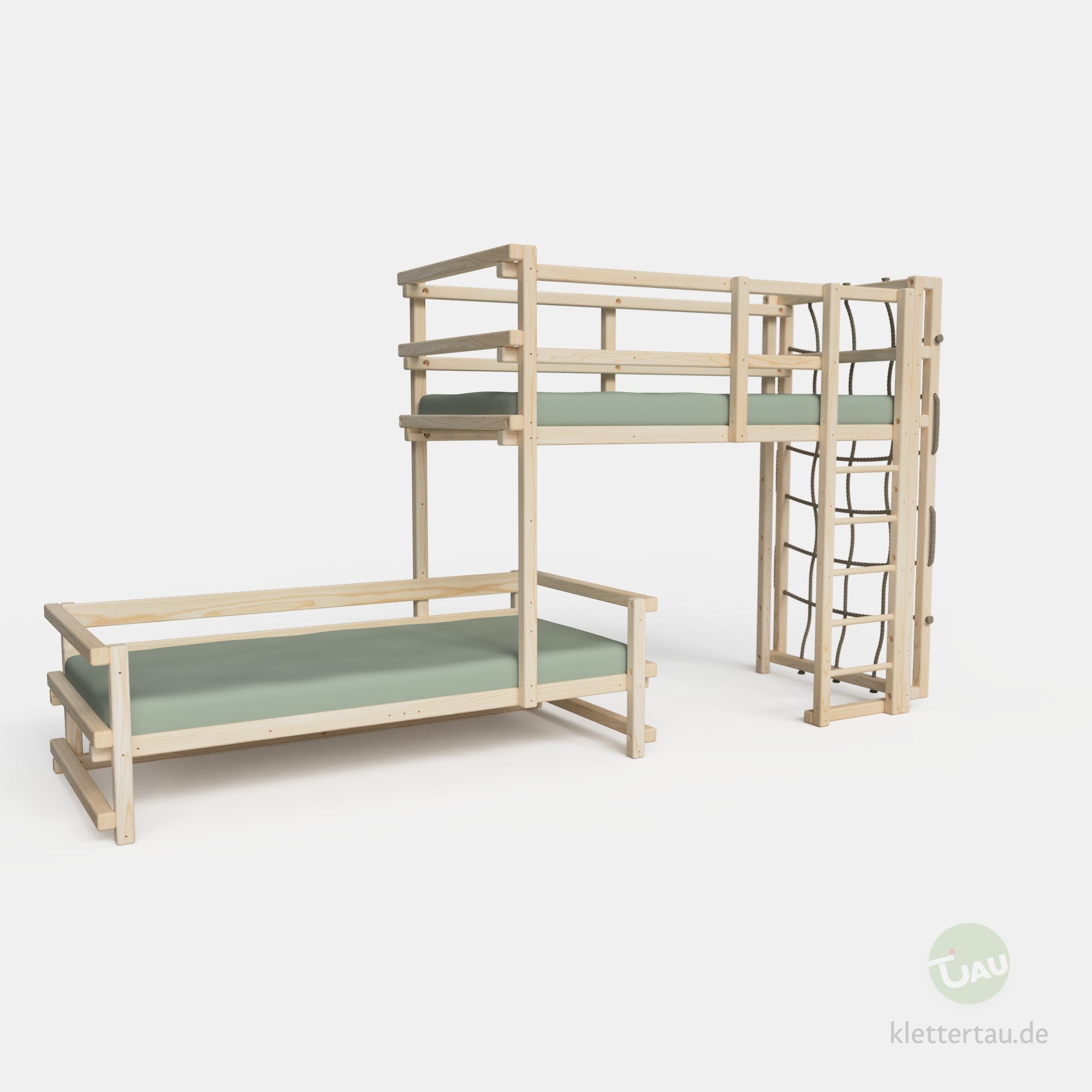 Etagenbett dreiviertelversetzt mit Kletternetz #Schubladen_ohne Schubladen