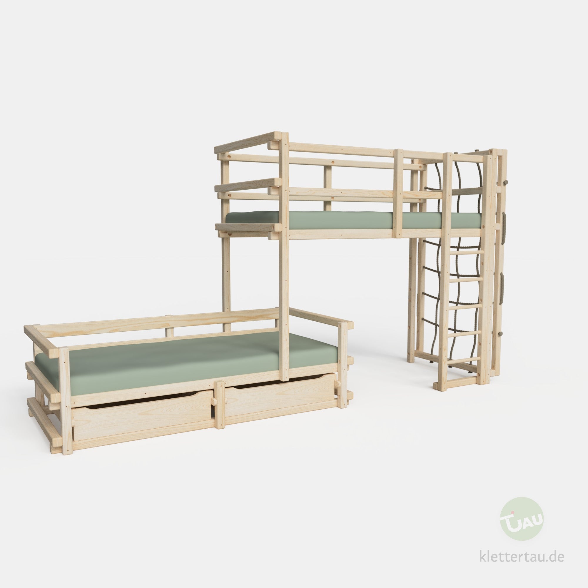 Etagenbett dreiviertelversetzt mit Kletternetz und zwei Schubladen #Schubladen_zwei Schubladen