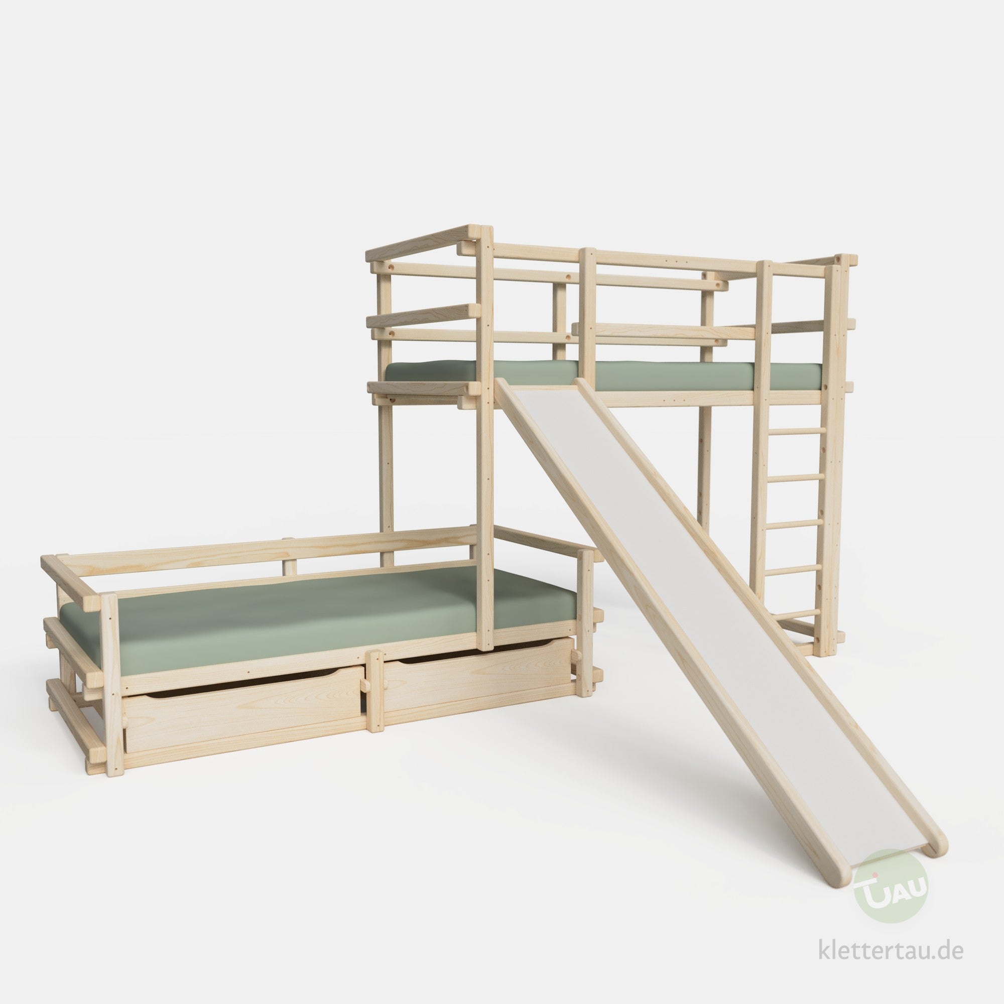 Etagenbett dreiviertelversetzt mit Rutsche und zwei Schubladen #Schubladen_zwei Schubladen