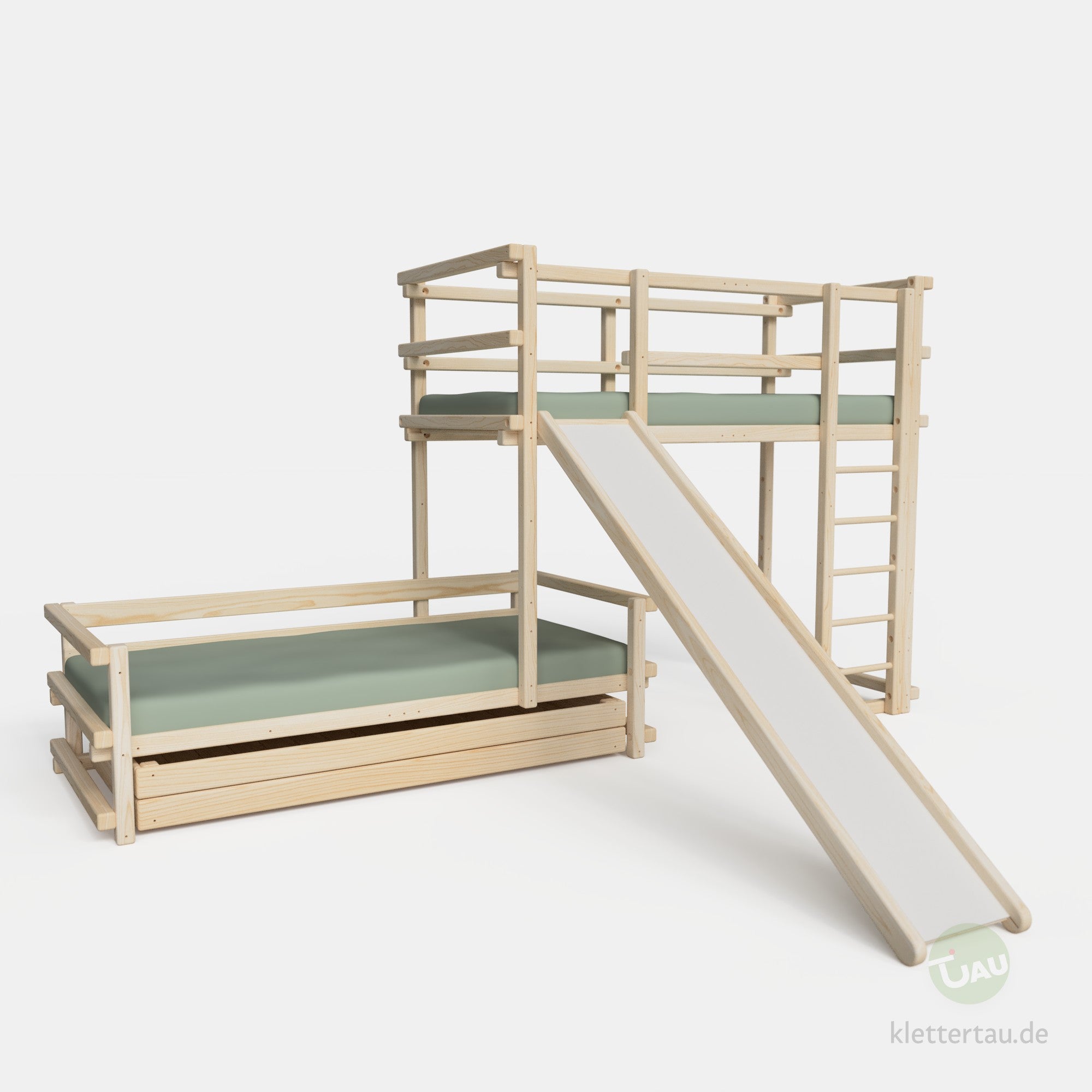 Etagenbett dreiviertelversetzt mit Rutsche und Riesenschublade #Schubladen_Riesenschublade