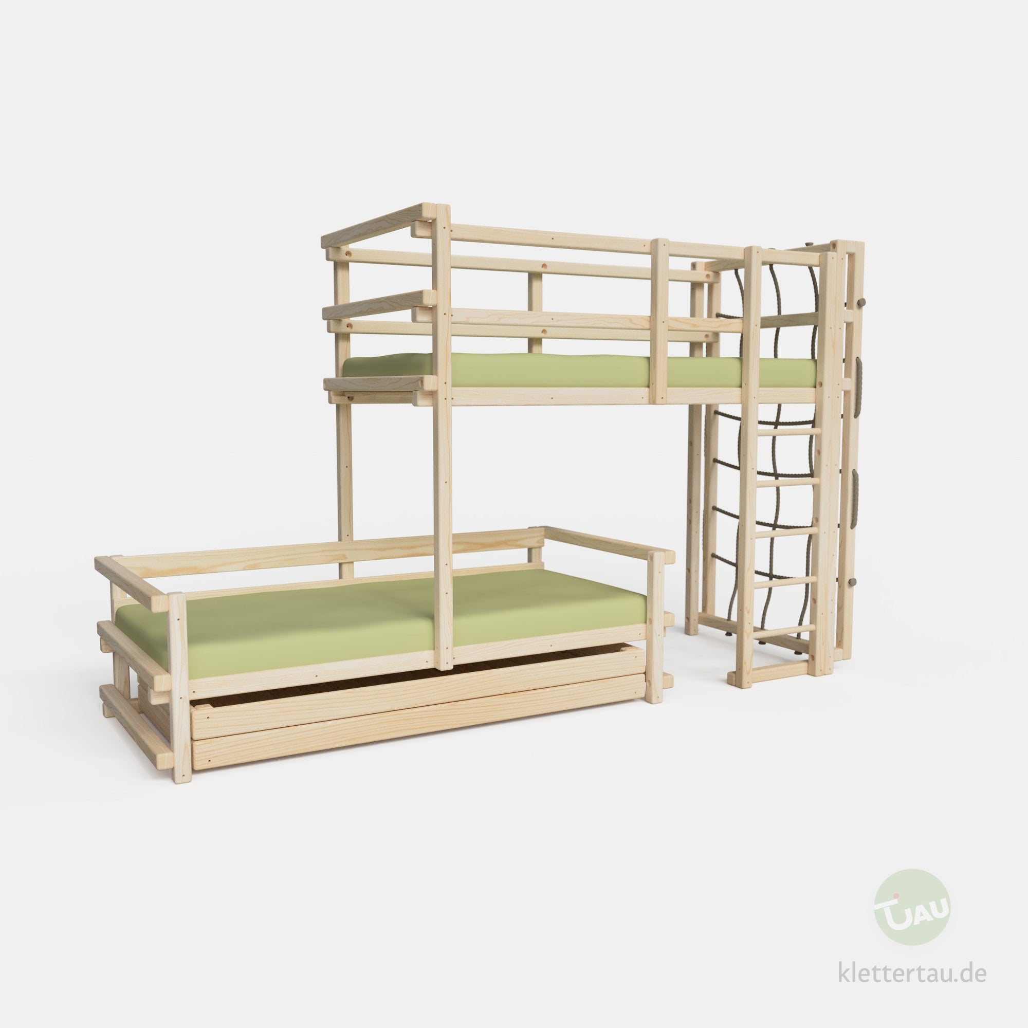 Etagenbett halbversetzt mit Kletternetz und Riesenschublade #Schubladen_Riesenschublade