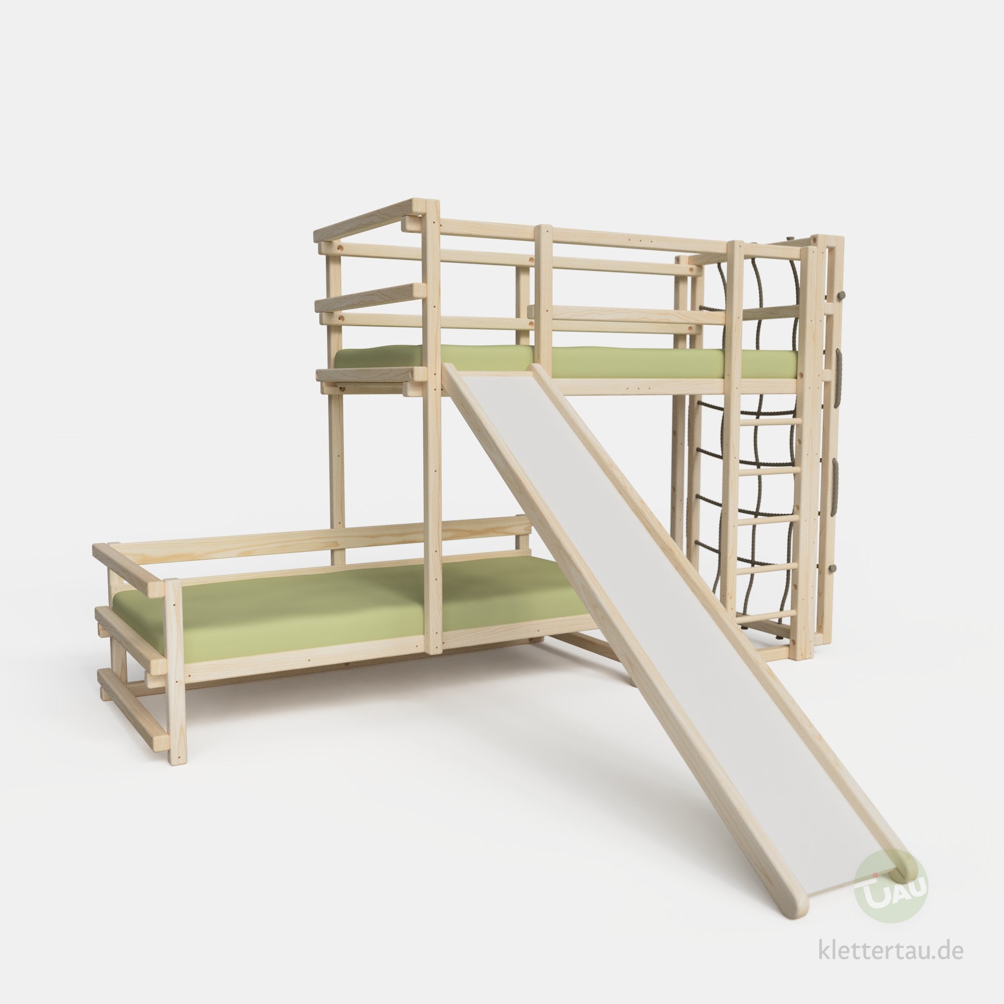 Etagenbett halbversetzt mit Rutsche und Kletternetz #Schubladen_ohne Schubladen