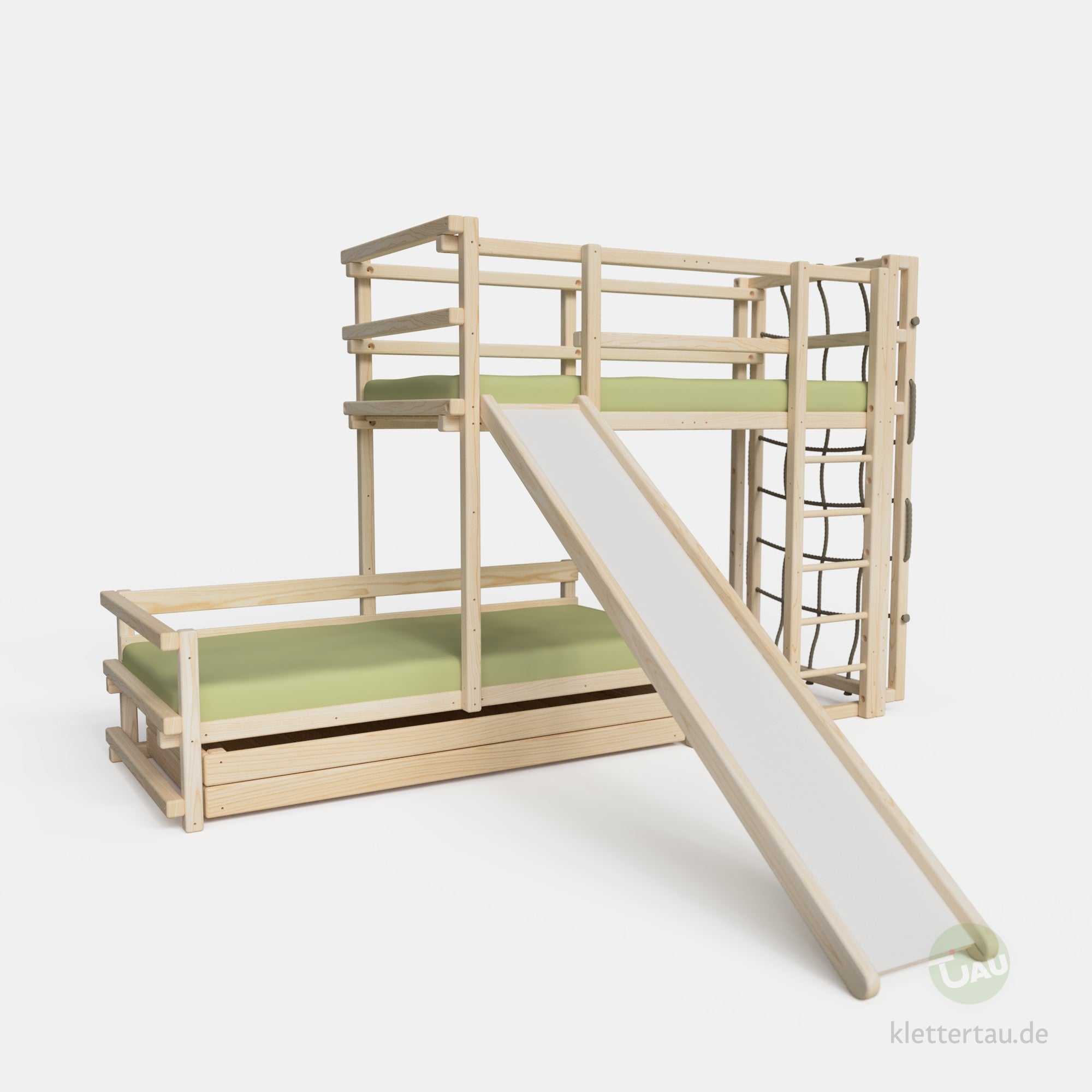 Etagenbett halbversetzt mit Rutsche, Kletternetz und Riesenschublade #Schubladen_Riesenschublade