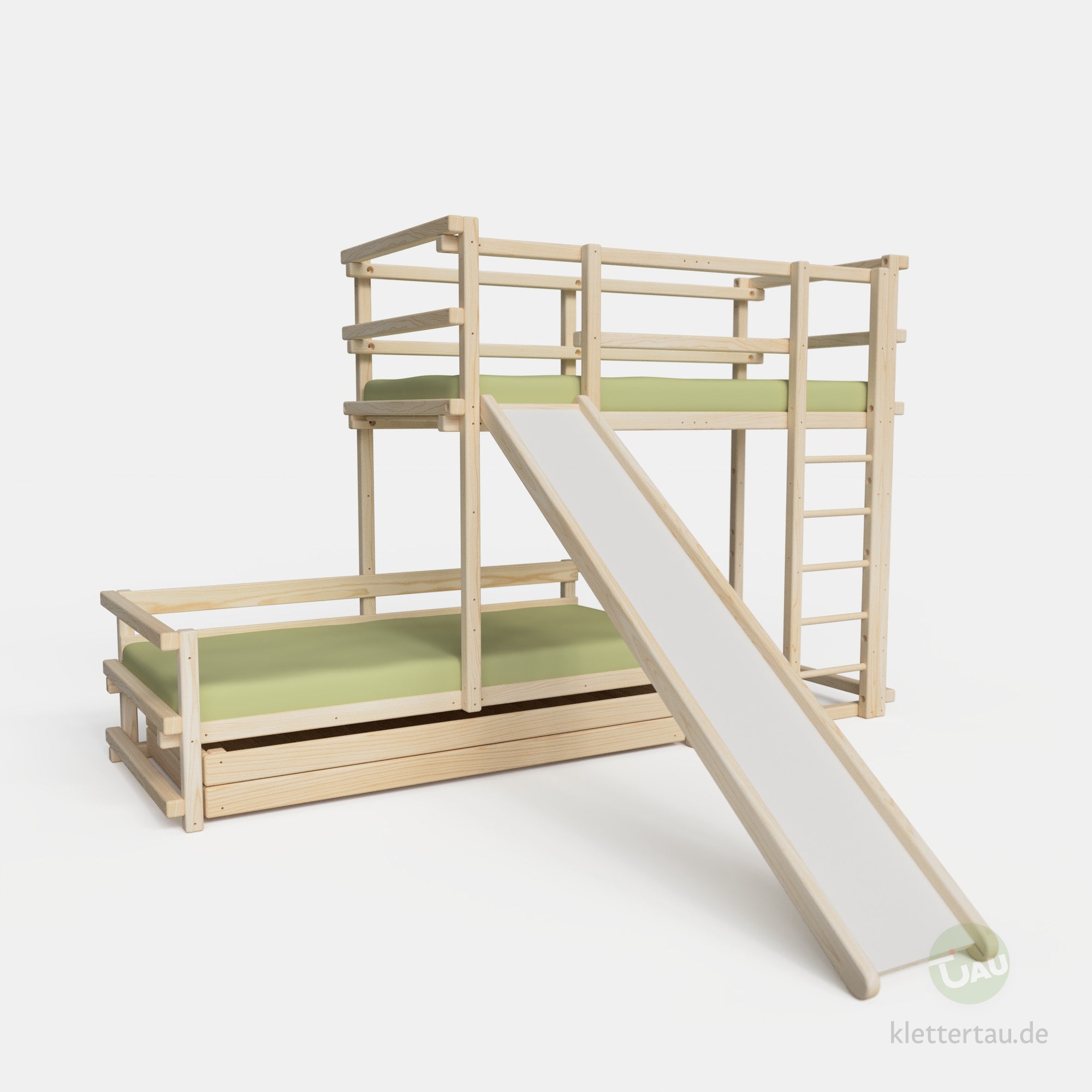 Etagenbett halbversetzt mit Rutsche und Riesenschublade #Schubladen_Riesenschublade