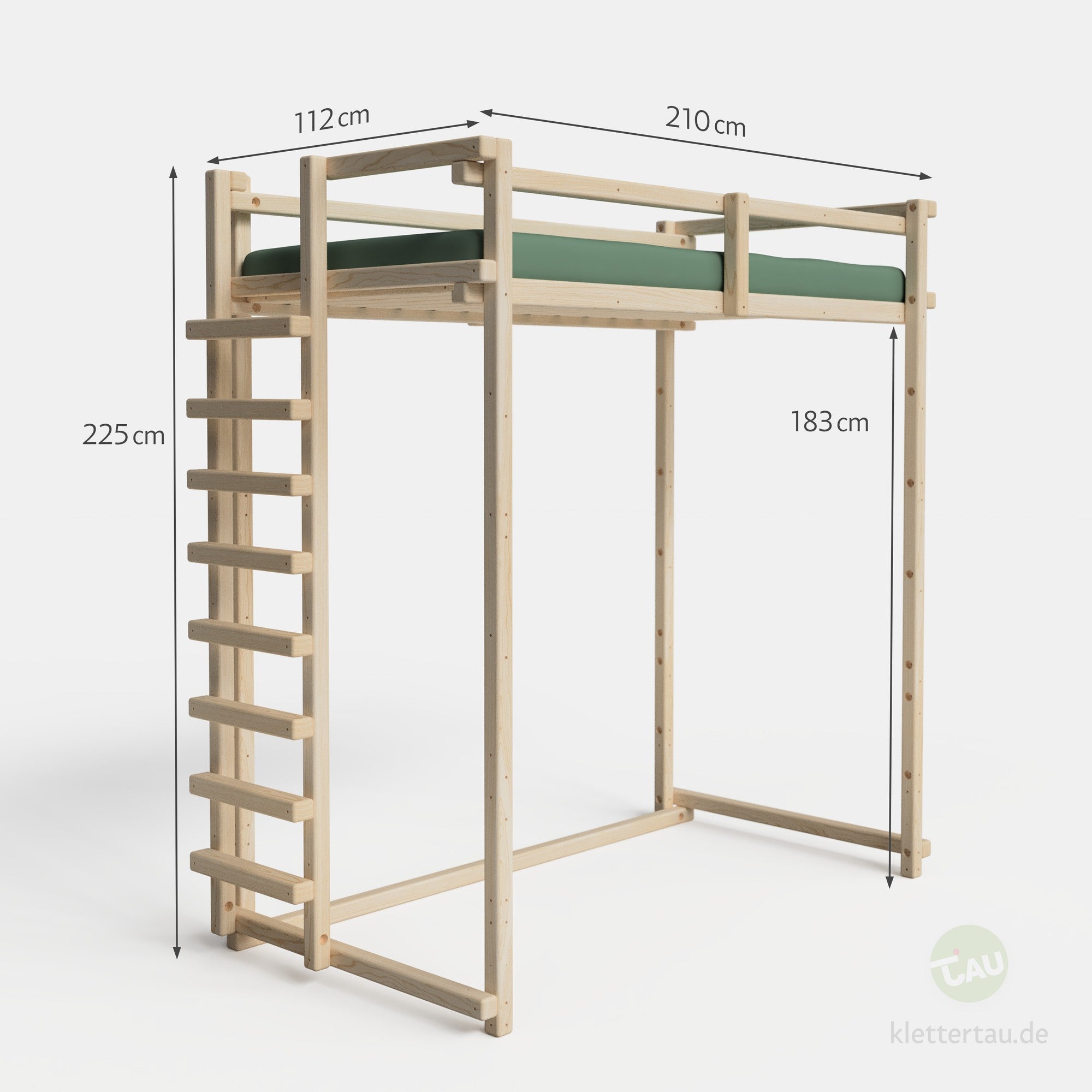 Maße des Jugendhochbetts 100cm extra hoch von TAU Abenteuerbetten