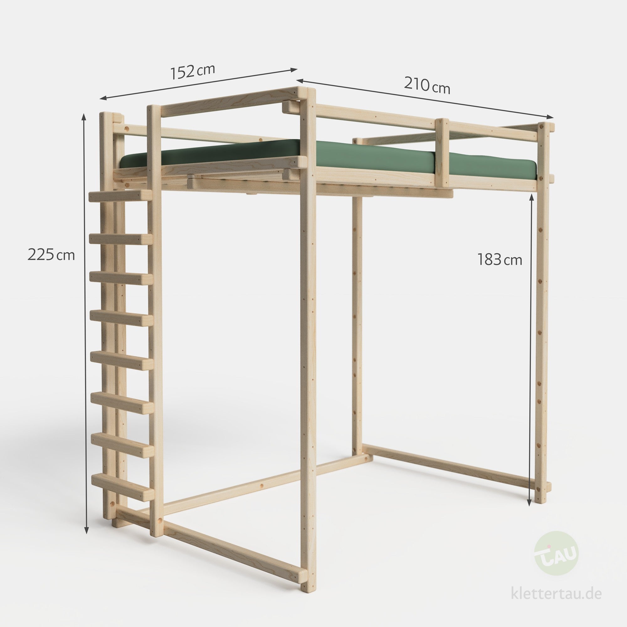 Maße des Jugendhochbetts 140cm extra hoch von TAU Abenteuerbetten