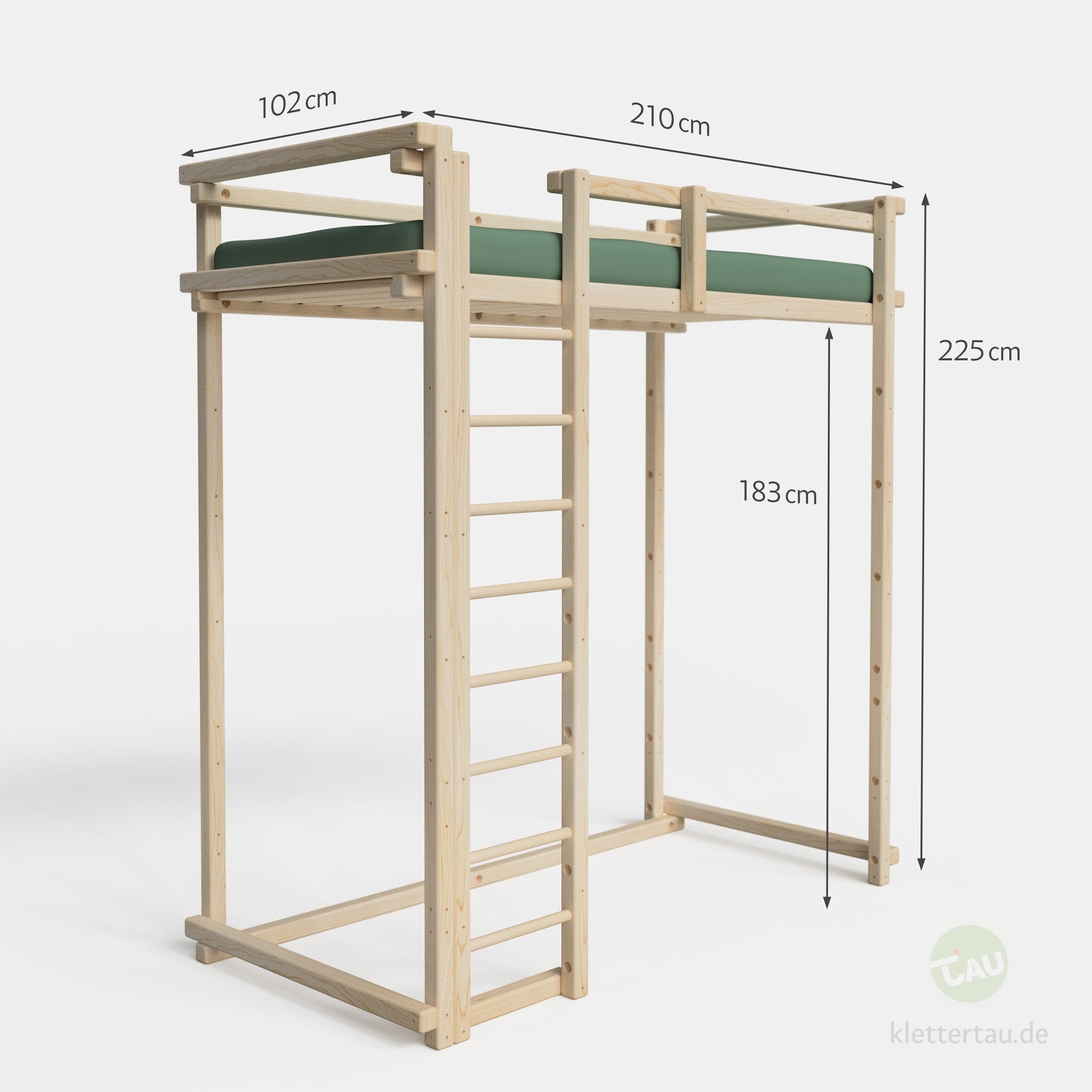 Maße des Jugendhochbetts 90cm extra hoch von TAU Abenteuerbetten