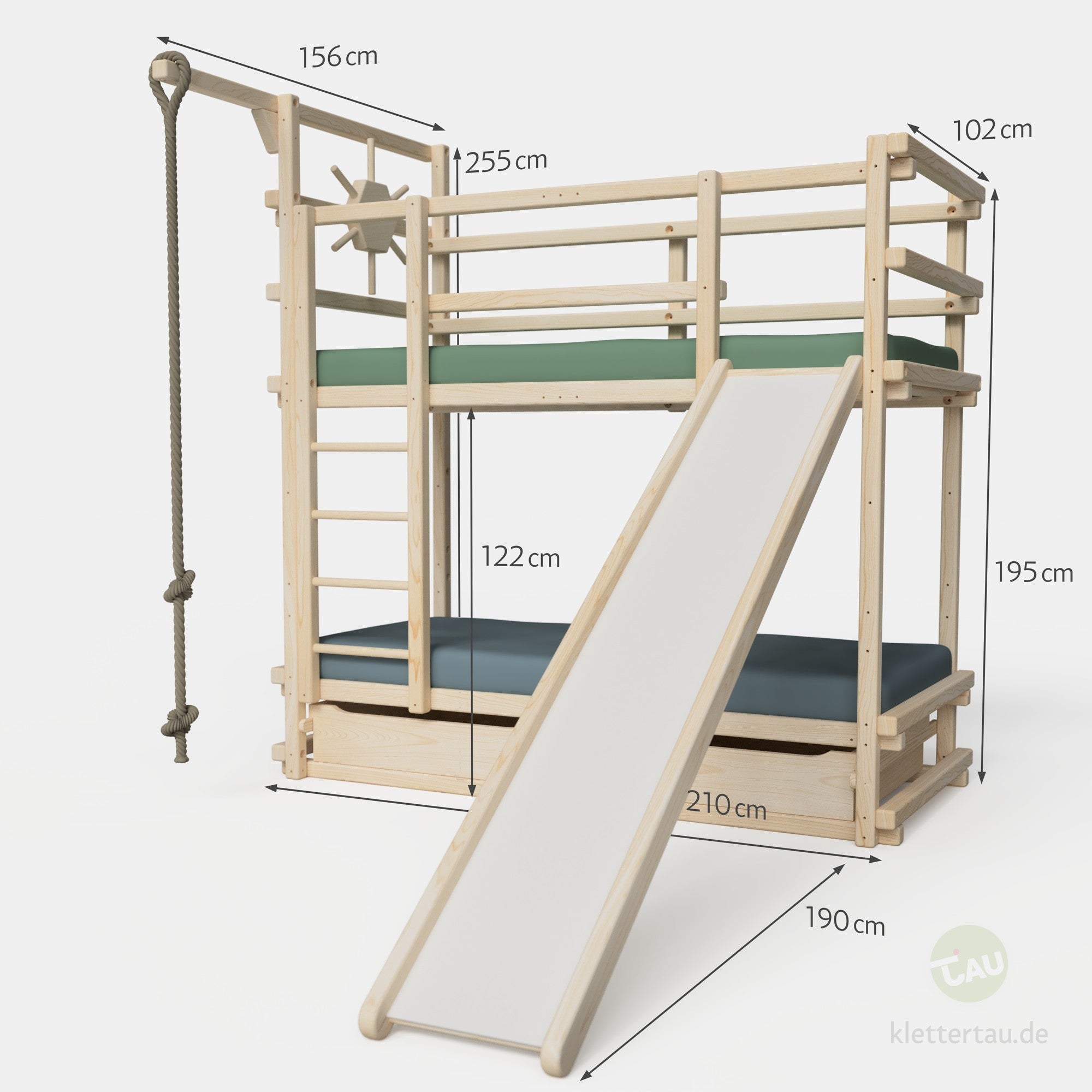 Maße des Abenteuer-Etagenbetts mit Rutsche von TAU Abenteuerbetten