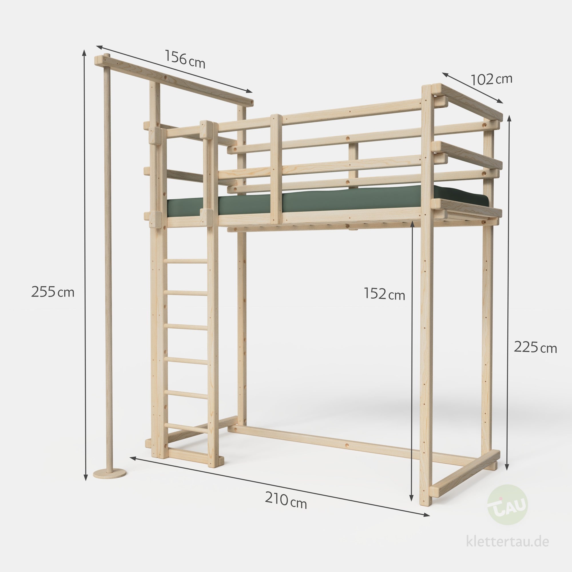 Maße des Hochbetts XL mit Feuerwehrstange von TAU Abenteuerbetten