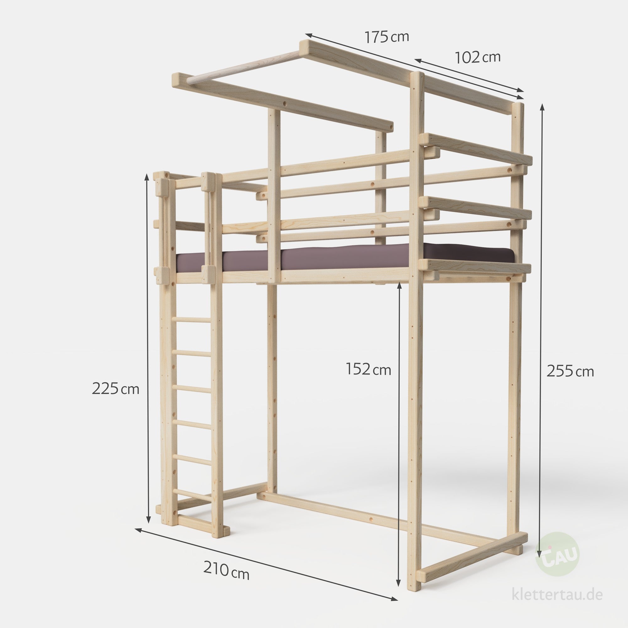 Maße des Hochbetts XL mit Reckstange von TAU Abenteuerbetten