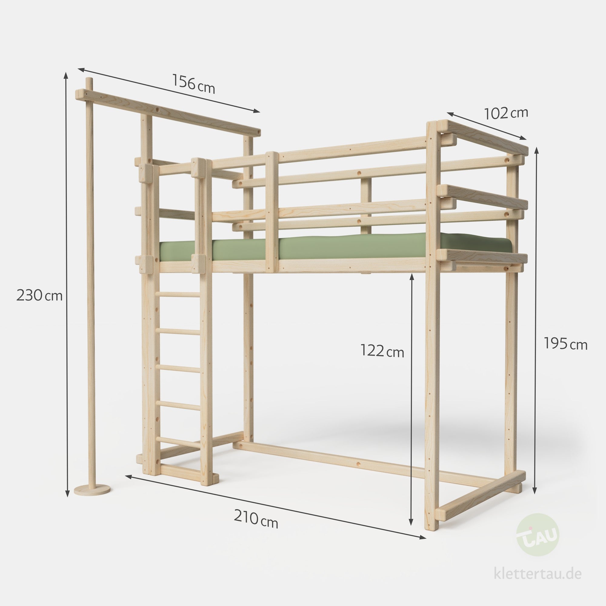 Maße des Hochbetts mit Feuerwehrstange von TAU Abenteuerbetten
