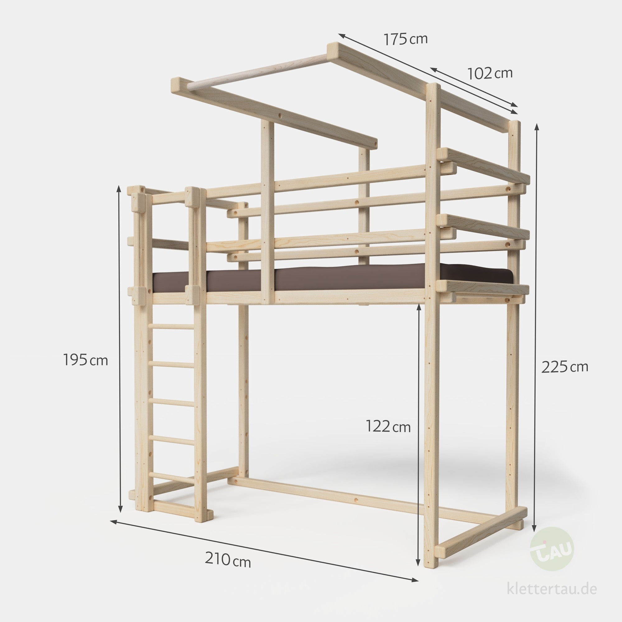 Maße des Hochbetts mit Reckstange von TAU Abenteuerbetten