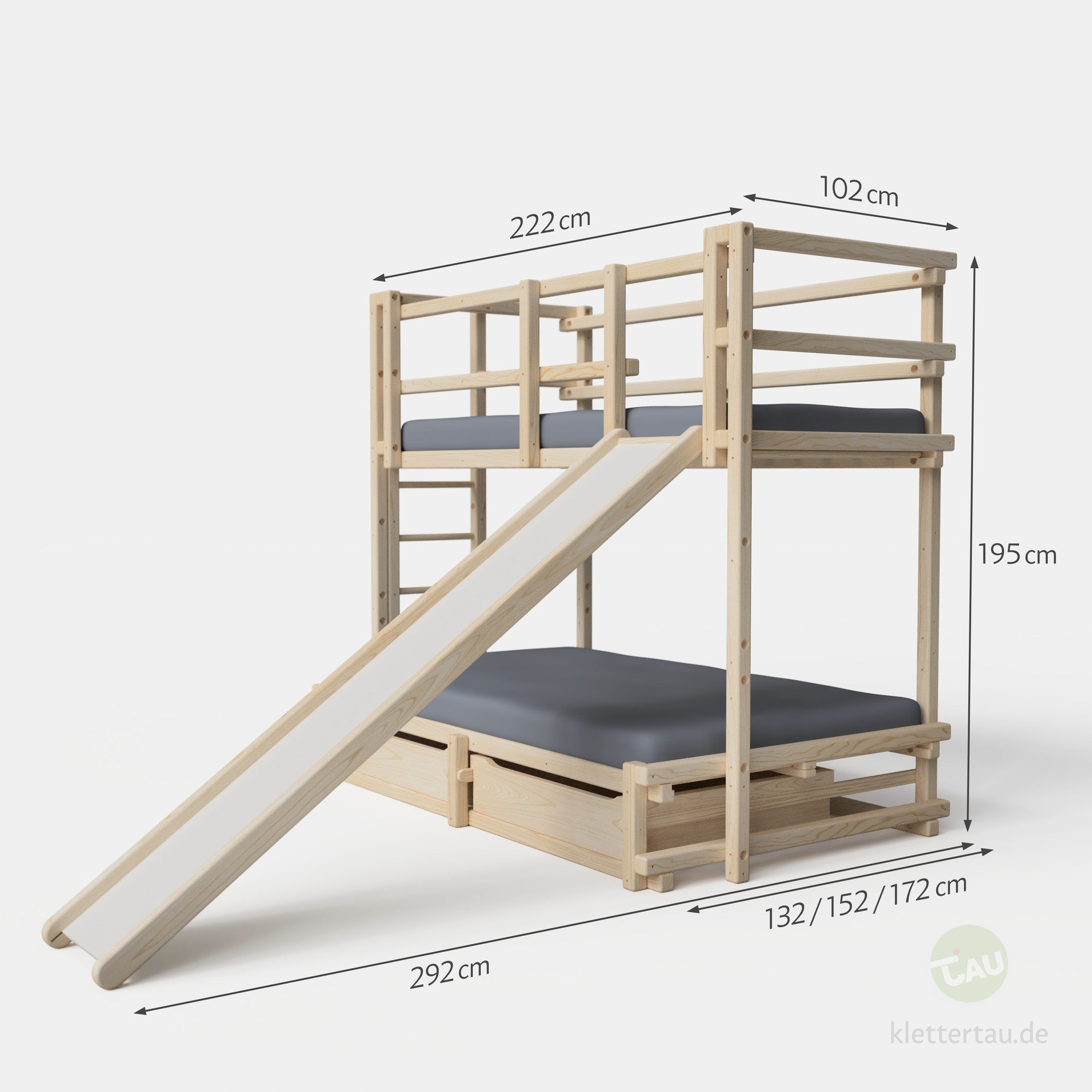 Maße des Hochbetts über Doppelbett von TAU Abenteuerbetten