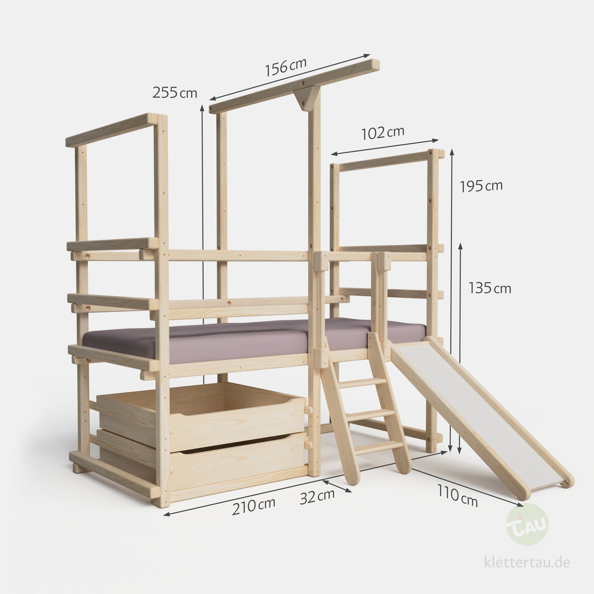 Maße des Kleinkindbetts mit Schubladen, Rutsche, Seilbalken und Stufenleiter von TAU Abenteuerbetten