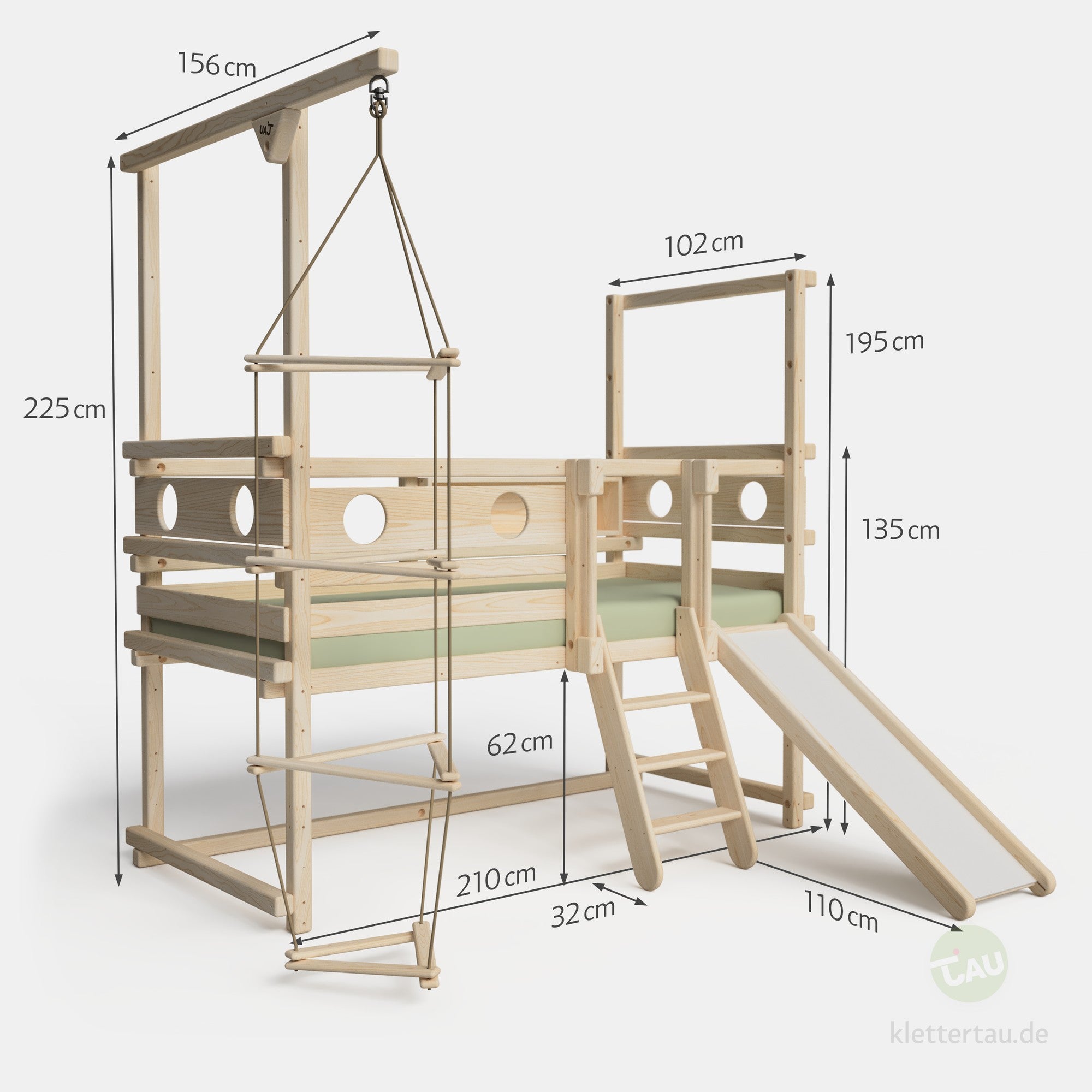 Maße vom Kleinkindbett Plus von TAU Abenteuerbetten – Am Bett ist eine Rutsche, eine praktische Stufenleiter und die Dreiecksleiter befestigt. Zusätzlich gibt es viele Schutzbretter für die Sicherheit.